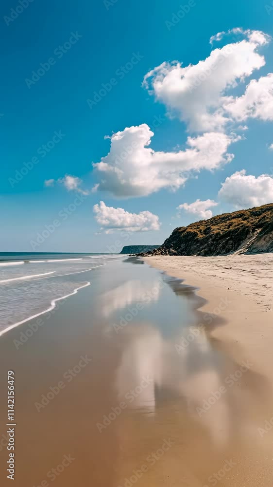 Poster serene beach with gentle waves reflecting clouds and cliffs on a sunny day