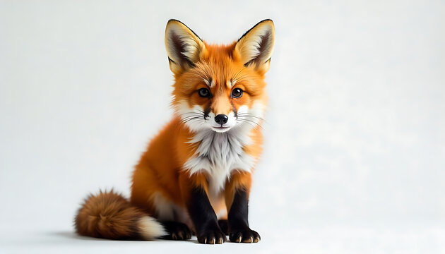 A young red fox with large ears and a fluffy tail sitting on a white background, Adorable fox cub with big eyes and fluffy tail, red fox cub, created with generative ai