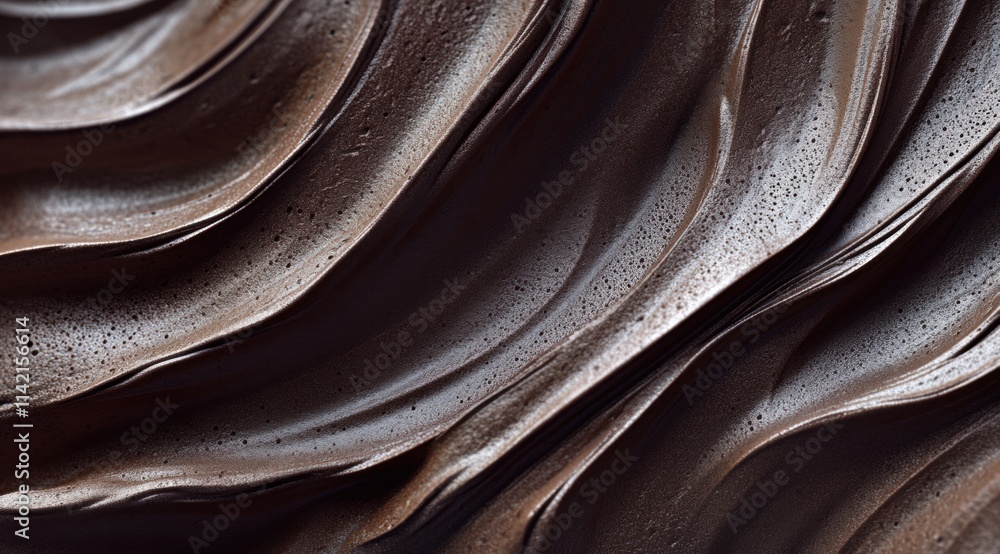 Poster a close-up of chocolate cream, flowing and textured in a wave-like pattern, creating an abstract bac
