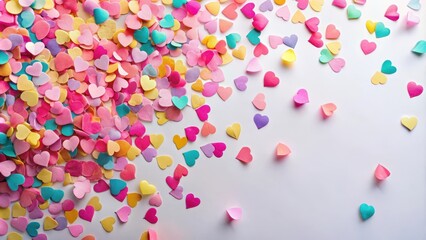 Colorful confetti with pink paper hearts scattered on a white background, creating a playful and celebratory atmosphere , party decorations, festive