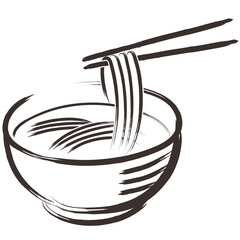 勢い良く描いた手描きの水彩、筆のかすれやにじみを表現したそばのイラスト素材（手前で箸あげ）