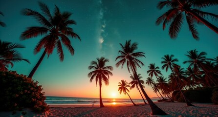 Fototapeta premium Tall palm trees with broad leaves swaying on a beach under clear skies, with vibrant teal and coral hues reflecting in the warm, golden light of fireflies.