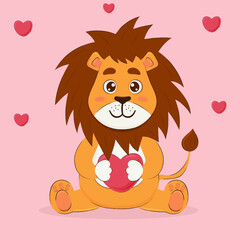 Cute lion holding a heart. Valentines day, birthday card concept with funny animal character.