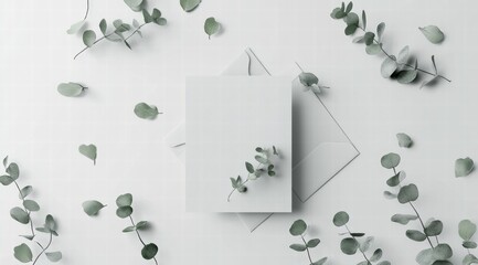 A mockup of an A5 card on top of two envelopes, in a flat lay arrangement, against a white background w