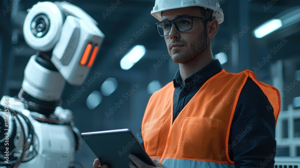 Poster engineer evaluating advanced robotics technology in modern industry