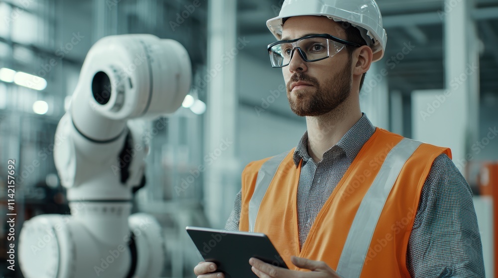 Poster young engineer using tablet in modern factory with robotic arm