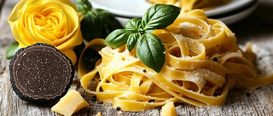 Black edible winter truffle, tagliatelle and fresh basil on wooden table. The most popular cooking...