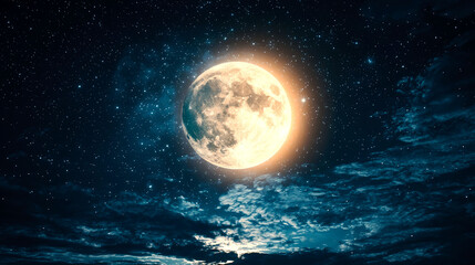 Full moon in night sky with clouds and stars.