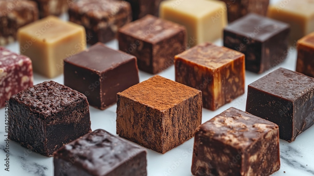 Aufkleber an array of gourmet chocolate squares displayed on a marble surface showcasing various flavors and t