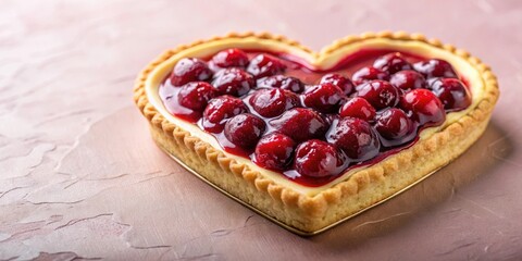 Decadent homemade heart-shaped cream tart with a golden crust and rich berry compote, atop a soft pink velvet background, gourmet, valentine's day dessert