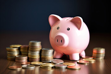A Piggy Bank Surrounded by a Stack of Coins and Banknotes - Symbol of Savings and Financial Growth
