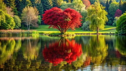 A stunning red heart-shaped tree is reflected in the calm surface of a peaceful lake, surrounded by lush greenery and vibrant wildflowers , lake reflection, botanical