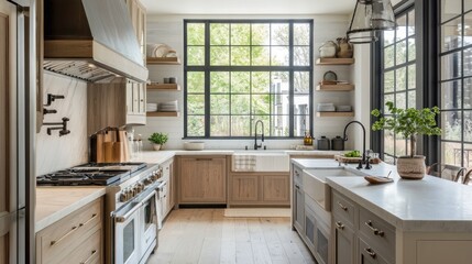 Fototapeta premium Modern Farmhouse Kitchen with Large Window and White Cabinets