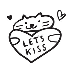Cat holds a heart. Phrase - let's kiss. Valentine's Day design. Outline illustration on white background.