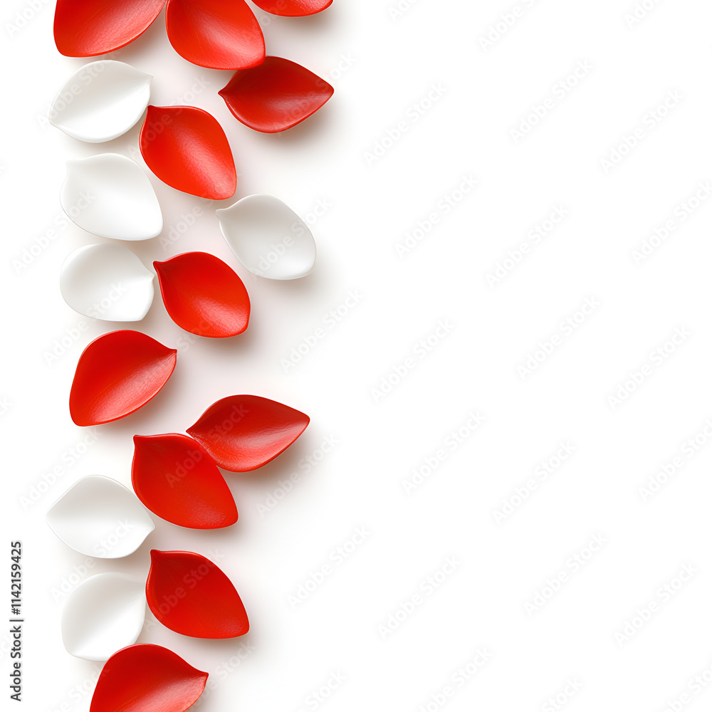 Poster a stylized arrangement of red and white leaf-shaped objects on a white background, creating a minima