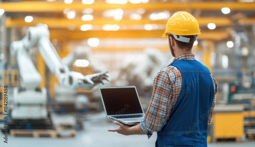 Poster engineer with laptop overseeing robotic automation in factory