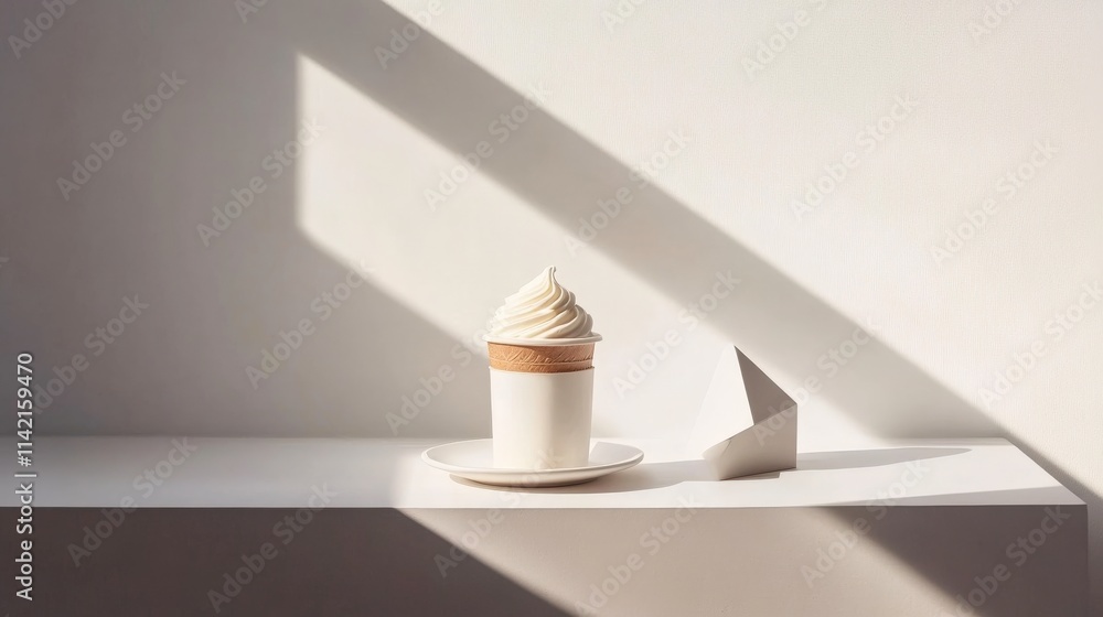 Poster artistic display of creamy ice cream in paper cup with soft shadow play on minimalist background