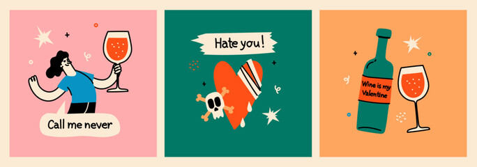 Set of broken heart stickers. Anti-valentine day. Heart, tears, parting, sadness, wine. Doodle style clipart. Colored Vector.