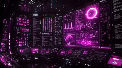 Futuristic control room with holographic displays.