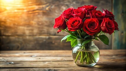 Fototapeta premium Fresh bouquet of red roses in a glass vase on a wooden table, with a subtle background blur and soft natural light illumination , rustic elegance, big red roses