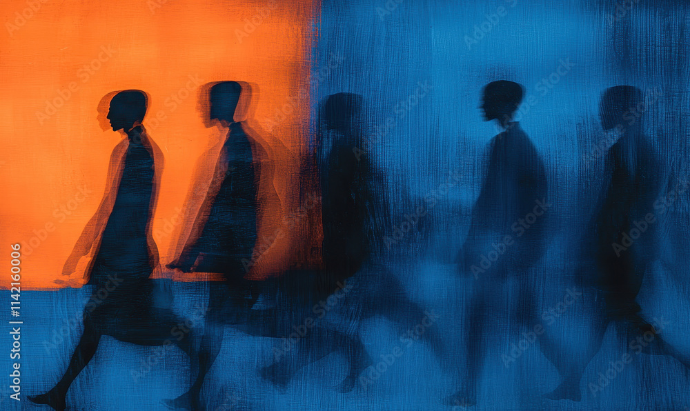 Poster dynamic transition of silhouetted figures in vibrant hue representing motion and perception