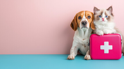 beagle and ragdoll kitten sit beside pink pet first aid kit, showcasing caring bond. This adorable scene highlights importance of pet health and safety