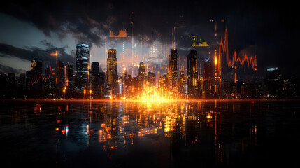 futuristic cityscape with glowing golden skyscrapers and digital data overlays reflecting on wet surface at night