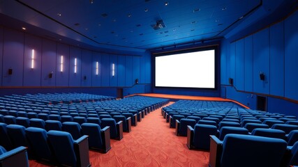 Empty Auditorium Mockup, Blue Movie Theater, White Screen, High-Quality AI Render