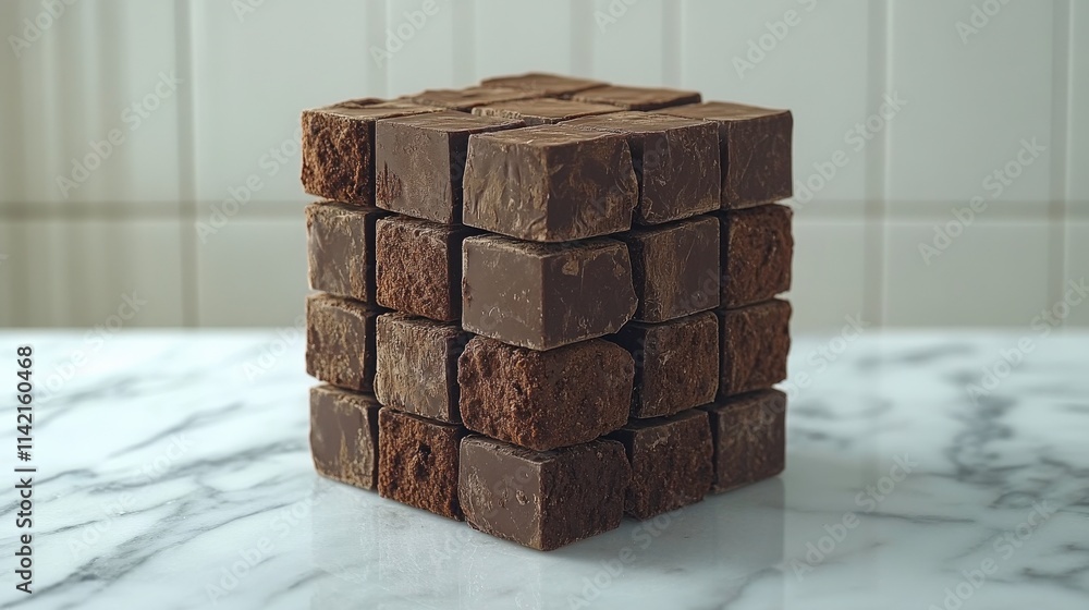 Poster artistic presentation of chocolate cube on marble surface, showcasing texture and color variations o