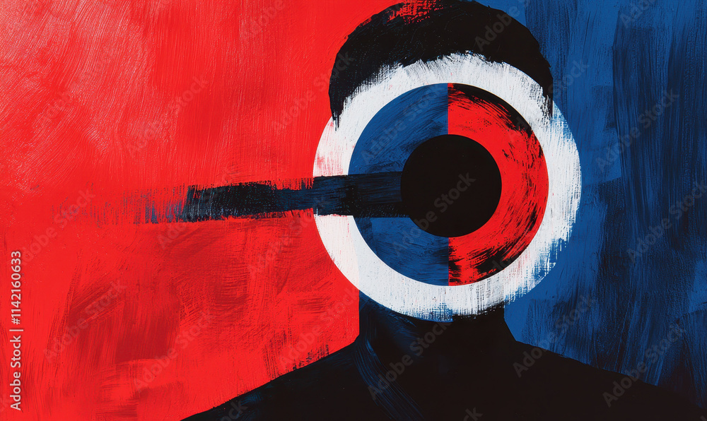 Poster intriguing abstract portrait in bold red and blue with circular motif highlighting identity and emot