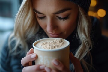 Young sporty woman drinking protein powder in a cup to make replacement food meal after workout, Generative AI