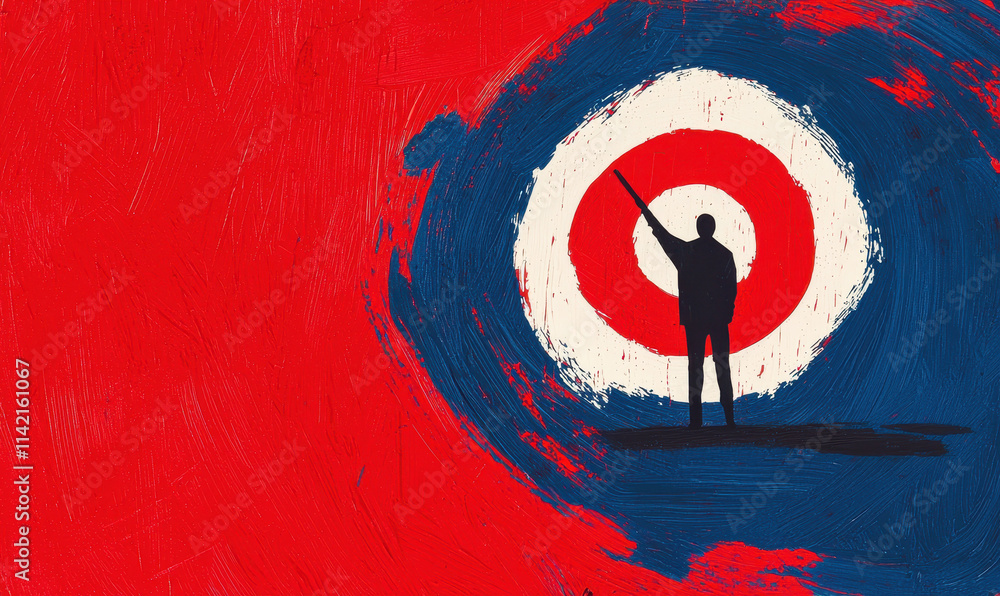 Poster Dynamic Abstract Expression: Silhouette Reaching for the Target in Bold Red and Blue with Symbolic Emphasis