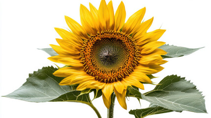 Fototapeta premium A sunflower with soft lavender petals, a golden yellow center with intricate texture, and bright teal leaves, isolated on a pure white background, ultra-detailed cut-out look with high contrast betwee