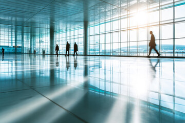 Fototapeta premium Busy airport terminal with travelers walking towards their gates during a bright afternoon