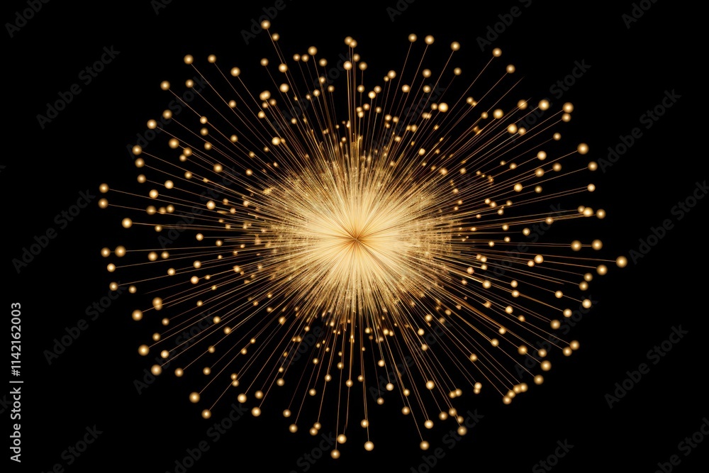Poster golden optical fibers connecting in a bright core, creating a network on a black background