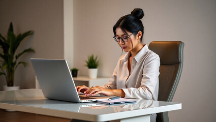 Focused Businesswoman Working on a Laptop in Office Setting