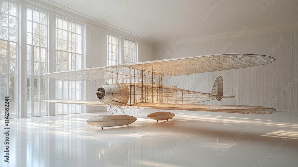 Poster artistic wireframe model of an airplane showcased in a modern interior space with abundant natural l