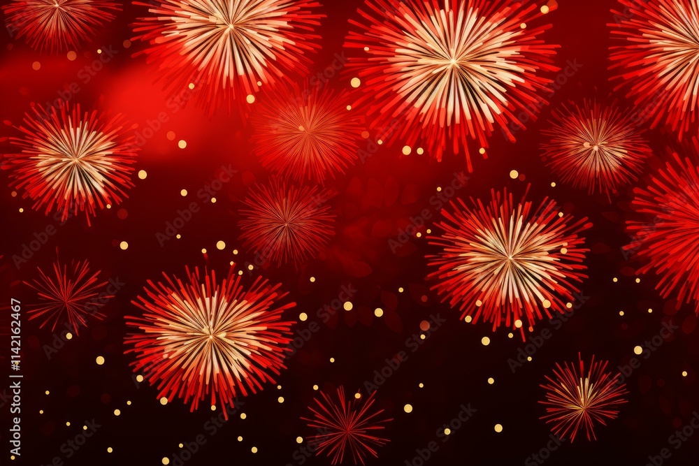Poster red and gold fireworks exploding against a dark red background creating a festive atmosphere