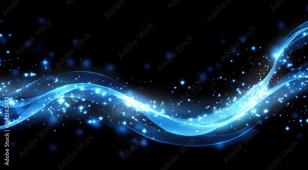 Aufkleber abstract blue glowing particles wave on a black background with a bokeh and glow effect.