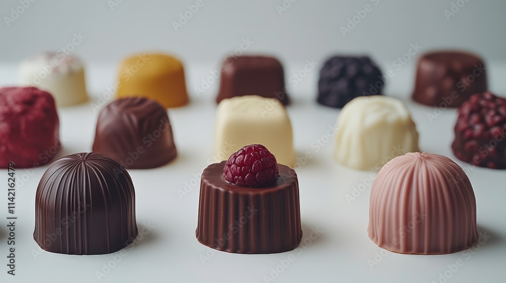 Aufkleber assorted chocolate confectionery with raspberry topping and elegant presentation on white background