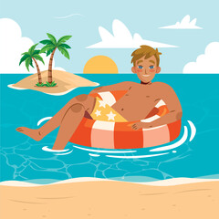 Boy Floating on Inflatable Ring in Sunny Ocean