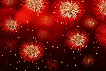 Naklejka premium Red and gold fireworks exploding against a dark red background creating a festive atmosphere