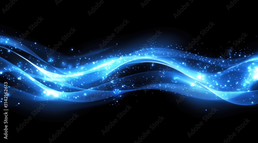 Poster abstract blue glowing particles wave on a black background with a bokeh and glow effect.