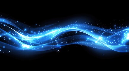Obraz premium Abstract blue glowing particles wave on a black background with a bokeh and glow effect. 