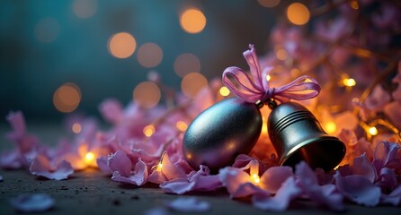 Fototapeta premium Bells (Easter) – Silver and gold bells softly ringing, surrounded by delicate light and springtime hues, evoking a sense of celebration and church traditions during Easter.