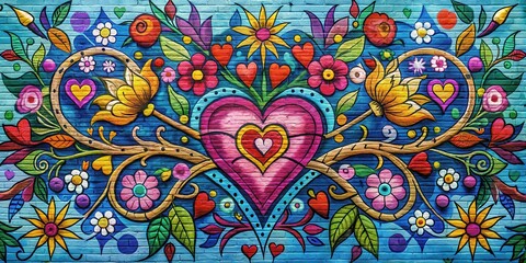 Vibrant street art mural with stylized hearts and arrows surrounding a central image of intertwined flowers, flower power, artistic expression