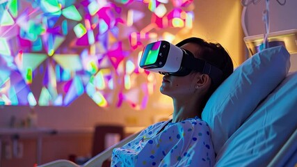 This Patients engage in virtual reality therapy while relaxing in a brightly lit hospital setting.