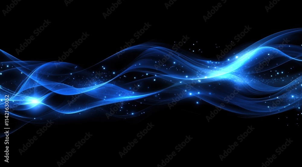 Aufkleber abstract blue glowing particles wave on a black background with a bokeh and glow effect.