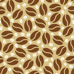 Seamless pattern on the theme of coffee and food in graphic style with coffee beans on a light beige background, can be used for packaging, holiday cards, websites, textiles