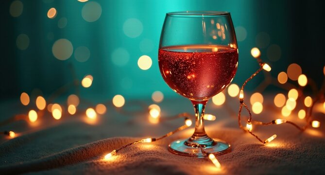 Wine Glass (New Year) – Elegant glassware symbolizing celebration. A sparkling wine glass filled with champagne, with golden fireflies and a festive New Year backdrop in soft